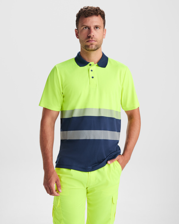 Polo alta visibilità manica corta VEGA 9315 giallo fluo blu navy